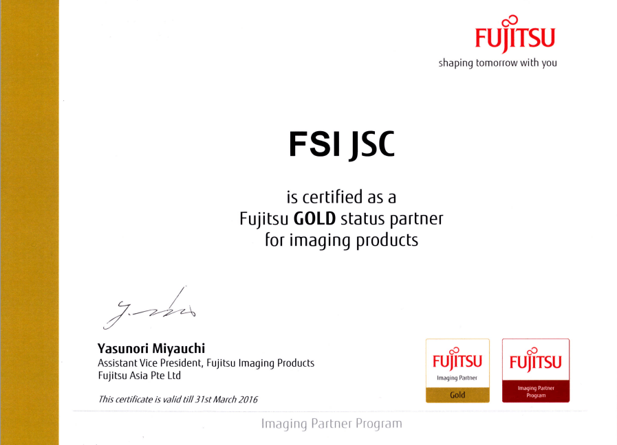 Giấy chứng nhận FSI trở thành đối tác vàng (Gold Partner) của Fujitsu