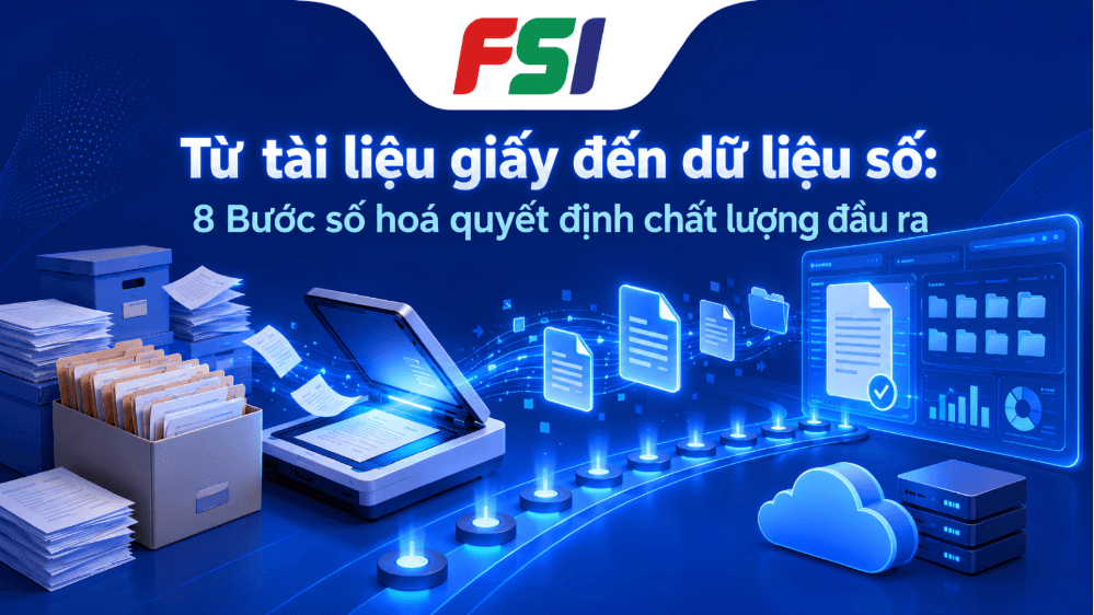 Quy trình số hóa tài liệu lưu trữ từ hồ sơ giấy đến dữ liệu số.