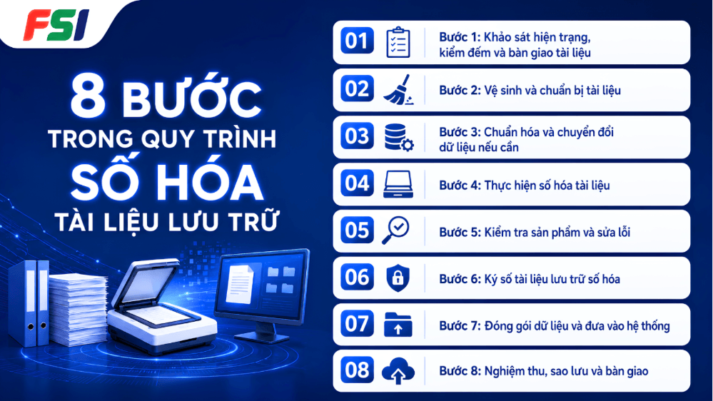 8 bước trong quy trình số hóa tài liệu lưu trữ